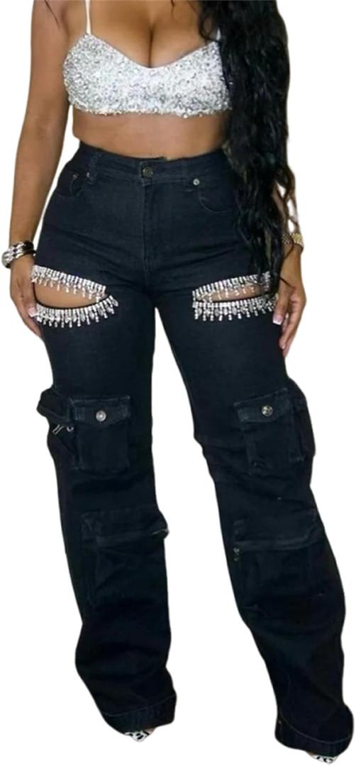 Women's High Waist Baggy Cargo Jeans Sexy Rhinestones Ripped Straight Wide Leg Denim Pants Y2K Streetwear with Pockets, Small