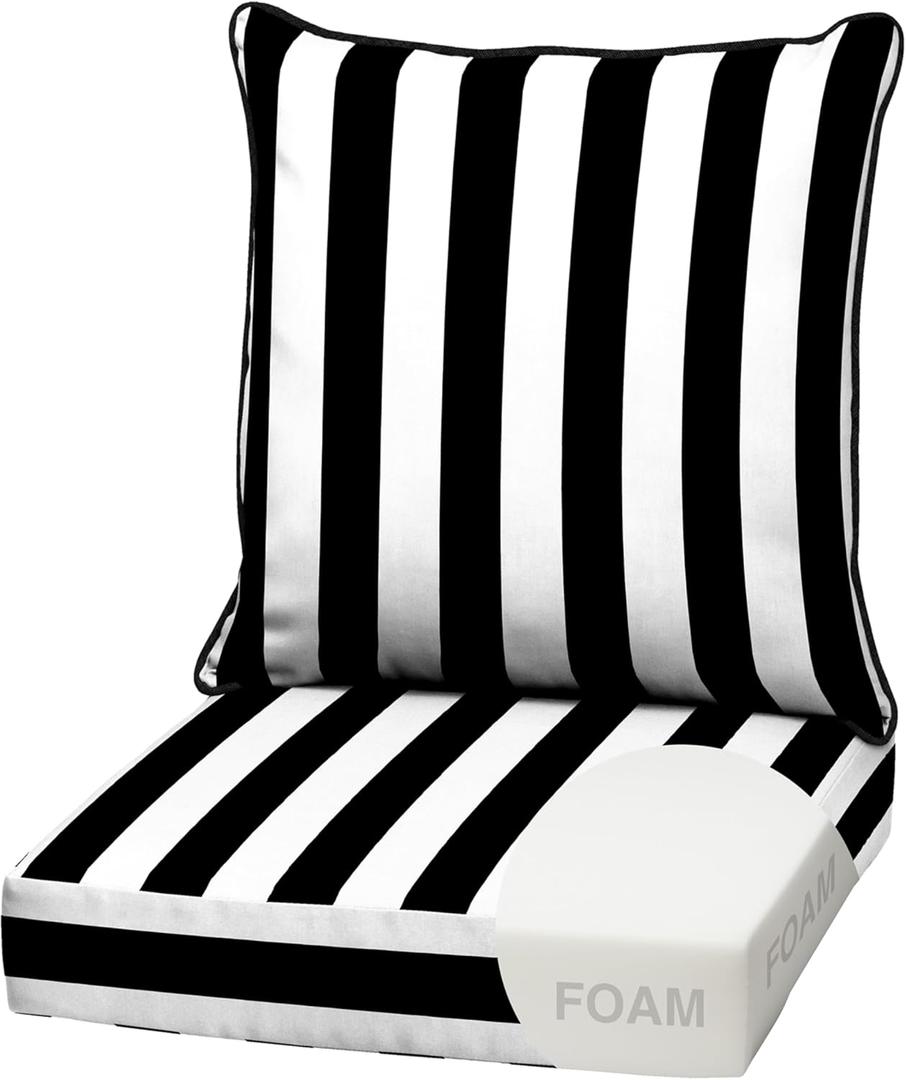 Arden Outdoor Foam Deep Seat Cushion Set, 22 in x 24 in, Weather-Proof, Rain-Proof, Fade Resistant Patio Cushion, Bottom and Back Cushion for Chair, Sofa, and Couch Black Cabana Stripe