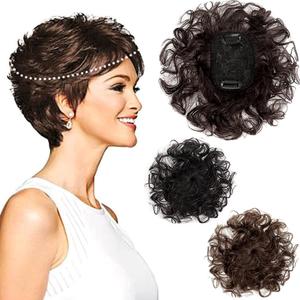 7x10cm Small Area Short Curly Human Hair Topper Fluffy Curly Hair Topper Clip in Toupee Hairpieces Top Crown Topper Hair Replacement Wiglets Weavy Topper Hair Pieces for Women Dark Brown