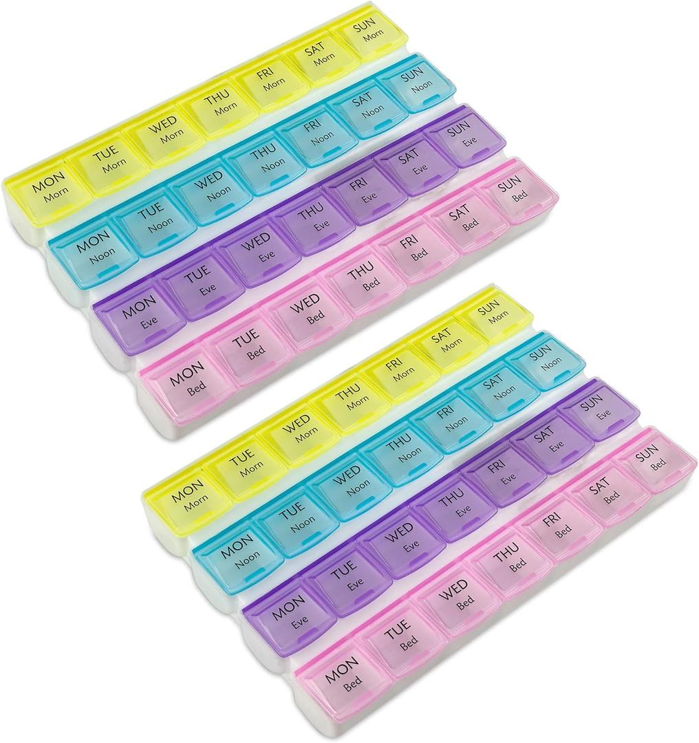 Weekly Pill Organizer - 4-Times-a-Day Pill Planner (Pack of 2) Pill Box Separates Pills & Vitamins with Daily Morning, Noon, Evening & Night Compartments, Travel Medication Reminder Monday to Sunday