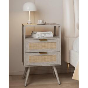 Rattan Nightstand,Farmhouse Bedside Table with 2 Storage Drawer and Open Wood Shelf, for Bedroom and Small Spaces,Night Stand with Solid Wood Legs (Grey Oak)