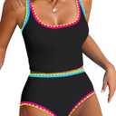 ZAFUL Tankini Swimsuit Tummy Control Bathing Suits Two Piece Swim Top with High Waisted Bottom (Black, M)