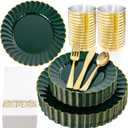 YOUBET 175PCS Green Scalloped Plastic Plates - Green and Gold Disposable Dinnerware Set Include 50 Plates, 75 Gold Silverware, 25 Cups, 25 Napkins for Party & Wedding