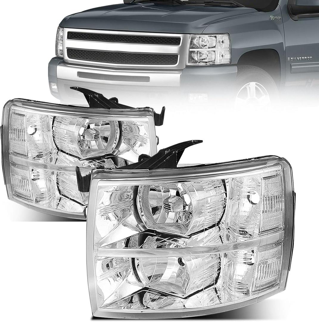 Front Headlight Assembly For 2007-2013 Chevy Silverado 1500 & 2007-2014 Chevy Silverado 2500 3500 Pickup - Replacement Headlamp, Front Bumper Lights (Chrome)