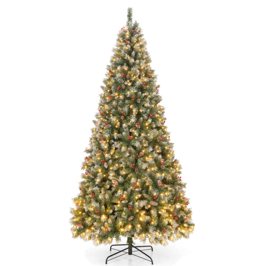 9 FT Artificial Christmas Tree Hinged with 650 Warm LED Lights & 309 Red Berries, CM24431US