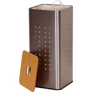 Household Essentials 7080-1 Square Metal Laundry Hamper -Removable Liner Bag and Wood Lid - Stainless Steel