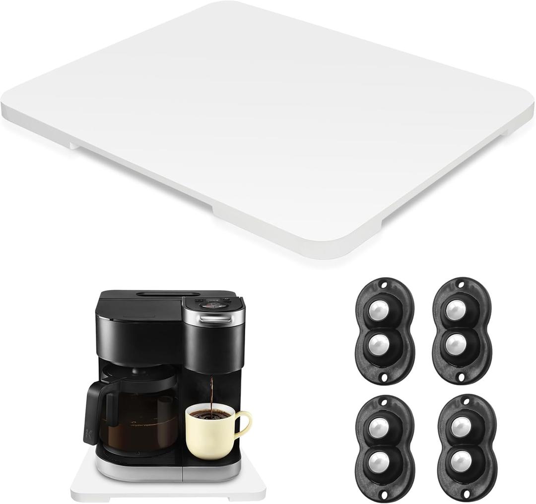Appliance Slider 360 Rolling Tray for Coffee Maker- Bamboo Coffee Pot Slider Tray Countertop Rotation Sliding Tray with Wheels, Small Appliances Mat Easily from Under The Cabinet White(13.9"11.6")