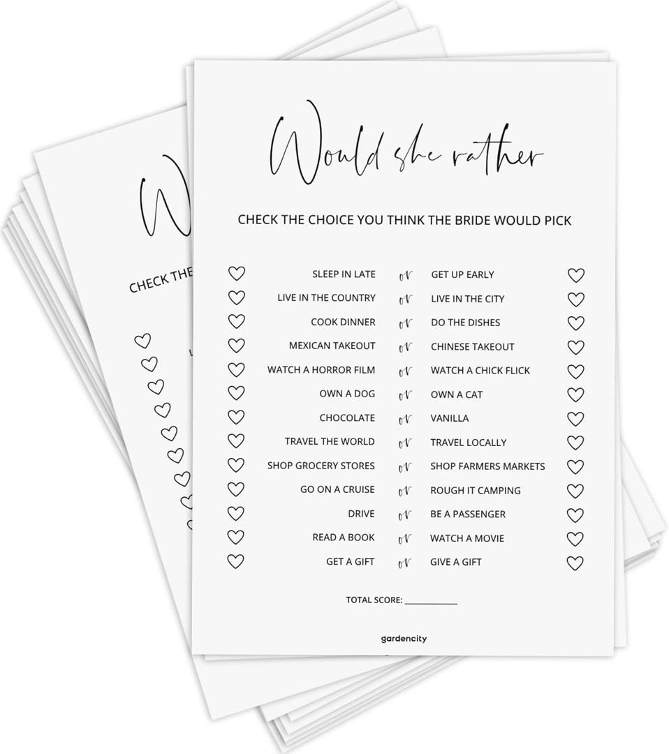 GardenCity Bridal Shower Games, Would She Rather Bridal Shower Game for 50 Guests, Minimalist