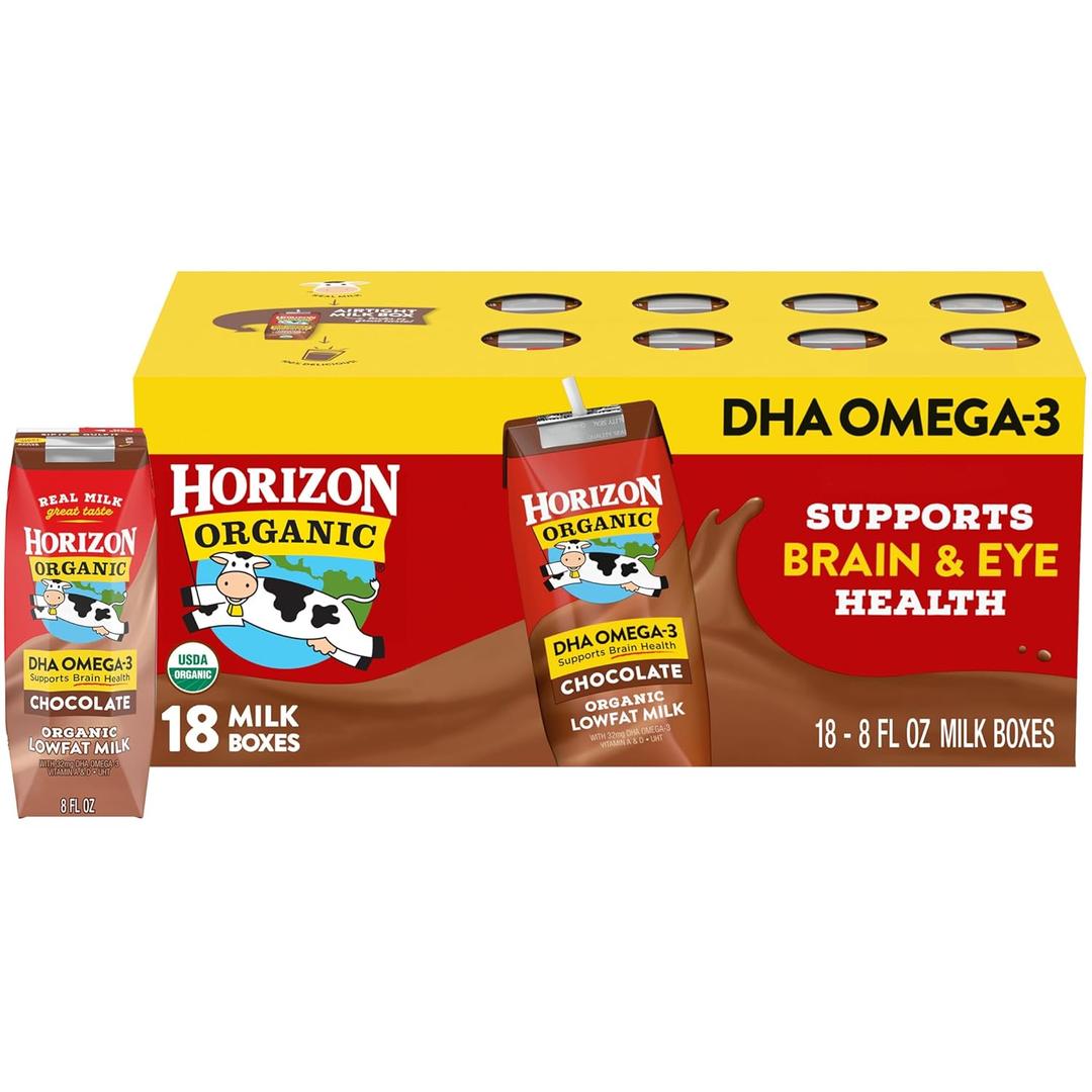 Horizon Organic Shelf Stable 1% Lowfat DHA Omega-3 Chocolate Milk Boxes, 8 fl oz, 18 Count - 8g Protein per Serving, USDA Organic UHT from Pasture-Raised Cows, Ready to Drink for Lunchbox, Travel, or On-the-Go, No Refrigeration Needed