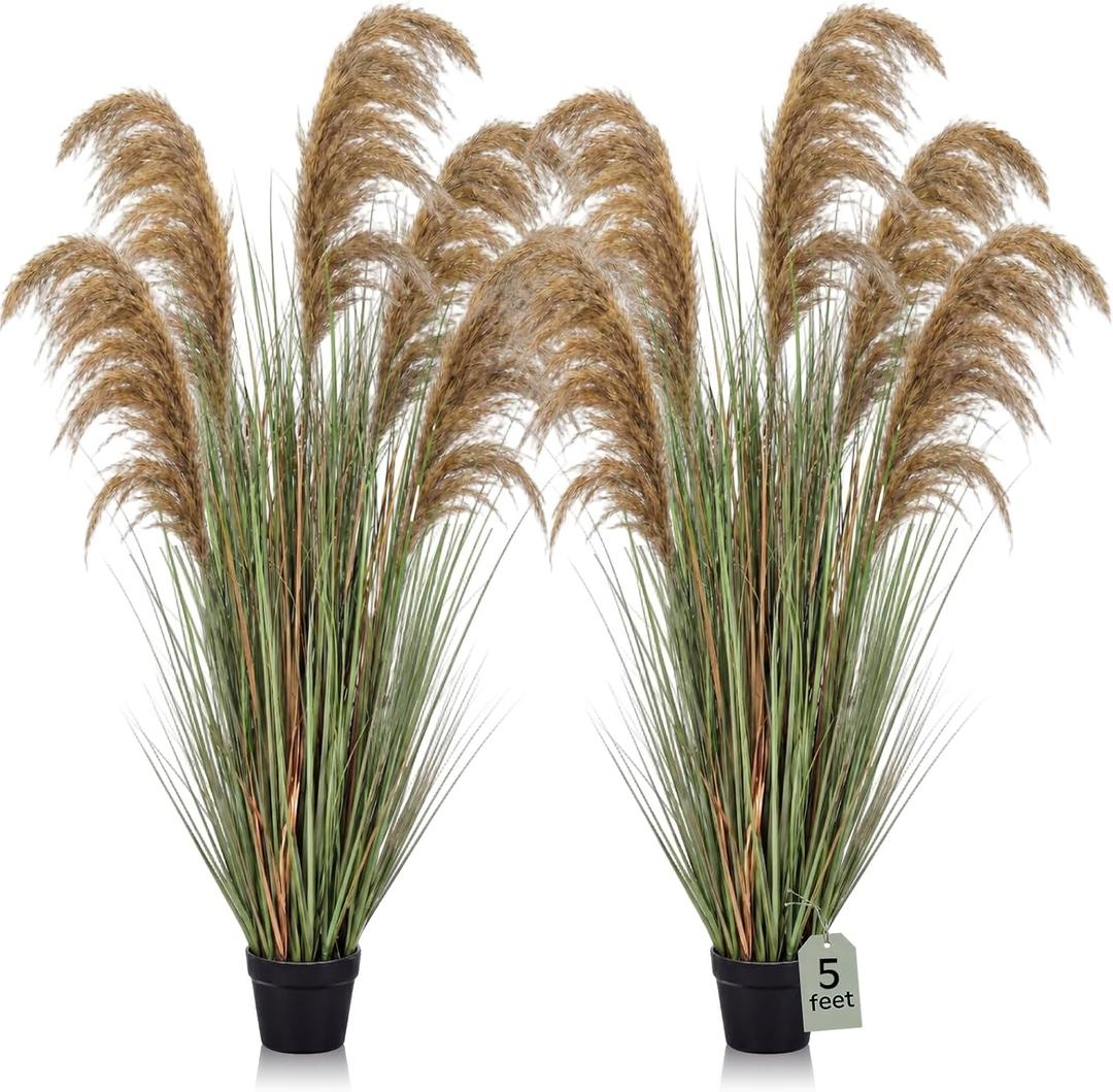 Jexine 2 Pcs Pampas Grass Potted Plants 5 ft Tall Artificial Grass Potted Artificial Greenery Floor Plants Tall in Pot for Housewarming Gift House Garden Bathroom Lobby Outdoor Decoration (Fall)