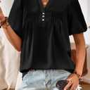 Womens Summer Tops Lantern Short Sleeve V Neck Blouses Dressy Casual Loose Fit Button Down Shirt for Women (Black, XXL)