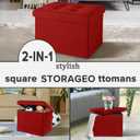 LINMAGCO Small Storage Ottoman Stool Foot Rest Stool Under Desk Stool Short Folding Ottoman Linen Cloth 17X13X13IN(Red)