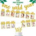 Wild One Glitter One Year Banner + Baby 1st Birthday Photo Banner - Safari & Jungle Themed Decorations