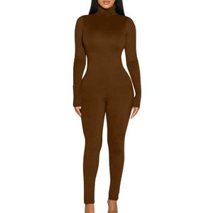 BORIFLORS Long Sleeve Jumpsuit for Women Sexy Turtleneck One Piece Bodycon Rompers Clubwear (Small, Coffee)