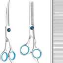 Maxshop Dog Grooming Scissors with Safety Round Tips, Heavy Duty Titanium Pet Grooming Trimmer Kit, Professional Thinning Shears, Curved Scissors with Comb for Dogs and Cats (Set of 3)