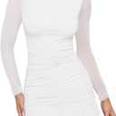 HOCILLE Women's Sexy Bodycon Boat Neck Mini Dresses Mesh Long Sleeve Ruched Ruffle Hem Club Party Short Dress (White)
