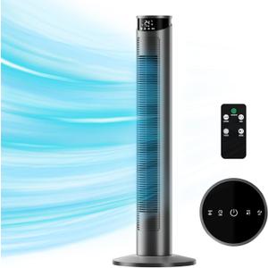 CIH Tower Fan 37 Inch,24ft/s Velocity Quiet Oscillating Bladeless Fan 6 speeds with Remote,4 Modes,LED Display,7.5H Timer,Grey Floor Standing Fan Powerful for Indoor Home Bedroom Office Room