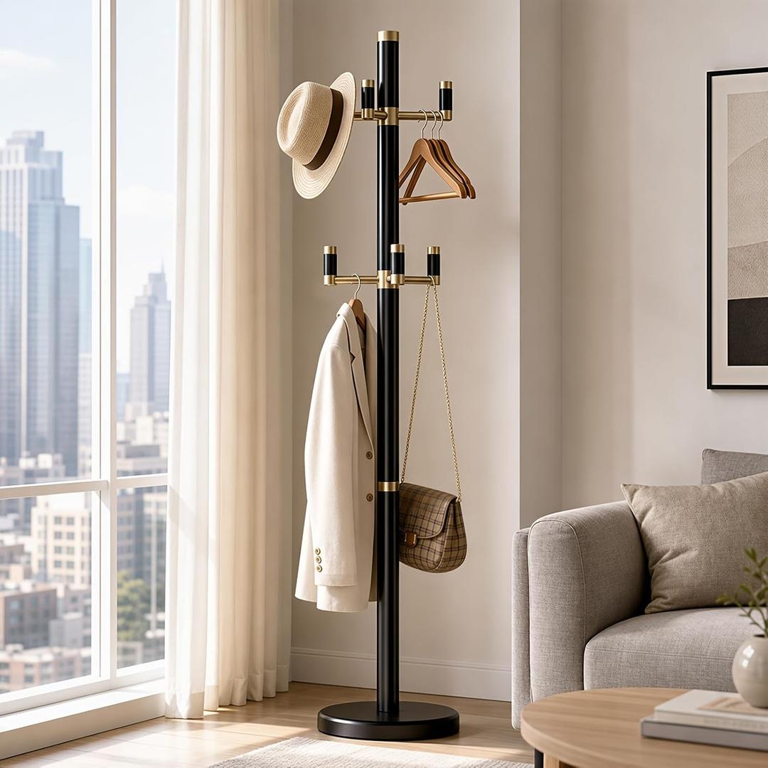 Solid Wood Freestanding Coat Rack with 6 Gold Metal Hooks, Heavy-Duty Freestanding Coat Stand for Coats, Hats, and Bags, Coat Racks for Bedroom, Entryway, and Living Room (Black)