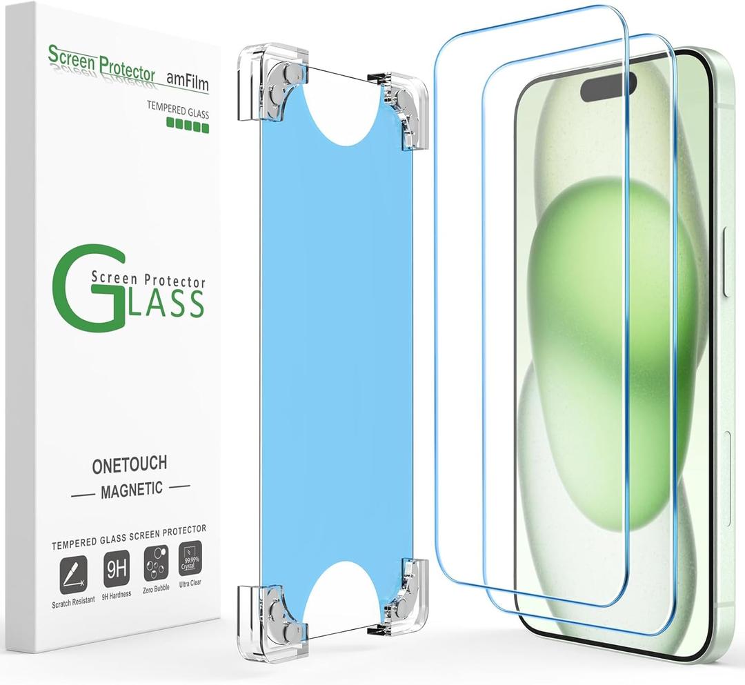 AmFilm 2 Pack Magnetic OneTouch for iPhone 15 Plus 6.7" Screen Protector [Eco Friendly & Reduce Plastic] [Indestructible Ultra 9H Tempered Glass] [15 seconds Auto-Alignment & Ultra Fast Installation]