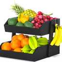 Gmtsl Bamboo Fruit Basket for Kitchen 2 Tier Fruit Bowl For Kitchen Counter, Large Fruit Holder With 2 Banana Hangers, Idea For Fruit and Vegetable Storage, Bread Basket, Snack Organizer(BLACK)