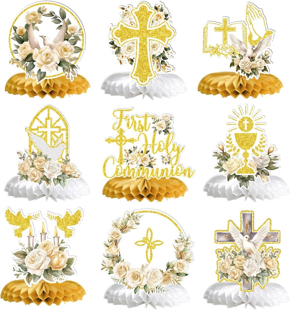 First Holy Communion Honeycomb Centerpieces, Baptism Decorations, God Bless Religious Party Table Decor, First Communion Table Centerpiece, Christening Baby Shower Party Decorations 9PCS