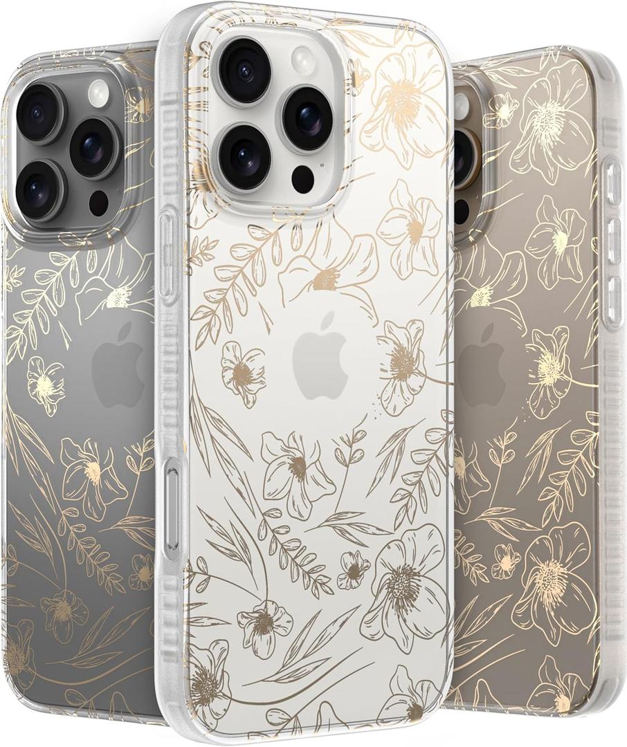 LONLI Hue Case for iPhone 16 Pro - [360 Shock-Absorbent Bumper] - [Cute and Unique Phone Cover for Girls and Women] - Gold Floral