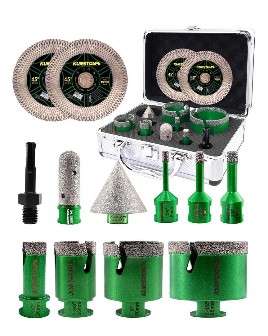 Tile Hole Saw Kit 12pcs- KURSTOL Diamond Core Drill Bits 6/8/10/20/35/50/65MM+4/5'' Finger Bit+2'' Chamfer Bit+2pcs 4-1/2'' Cutting & Grinding Disc+Adapter for Tile Porcelain Ceramic Granite Marble