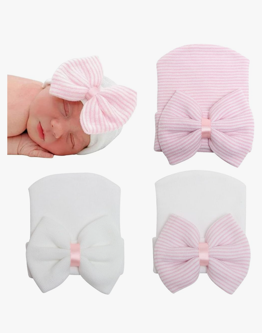 DRESHOW BQUBO Newborn Hospital Hat Infant Baby Hat Cap with Big Bow Soft Cute Knot Nursery Beanie, 2 Pack