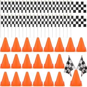 Buryeah 60 Pcs Racing Car Traffic Cones Checkered Flags Sport Training Plastic Cones Racing Checkered Flags for Car Birthday Party Decorations Supplies(7 Inch,Orange)