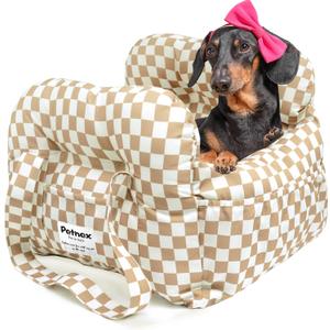 Dog Car Seat for Small Dogs, Portable Puppy Car Seat of Easy Installation, Fashionable Pet Carrier Bag with Large Pockets, Machine Washable Dog Booster Seat (Checkered Khaki)