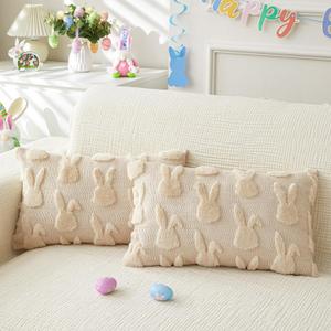 Easter Throw Pillow Covers 12x20 inch Set of 2 for Easter Decorations Beige Bunny Rabbit Soft Plush Faux Fur Wool Pillow Covers for Sofa Living Room Couch Bed