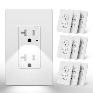 CML 20 Amp Receptacle Outlet with LED Night Light, Dusk to Dawn Guide Lights Electrical Outlets, Tamper-Resistant, Screwless Wall Plate Included, 10 Pack, ETL Listed, White