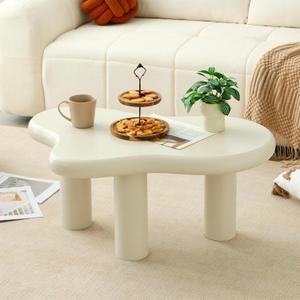 34"(L) Cloud Coffee Table, Modern Wood Coffee Table for Living Room, Accent Center Tables with 3 Legs, Small Tea Tables for Balcony, Patio, Bedroom, Cream White, 34 inches x 21 inches x 15 inches