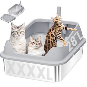 XXXL Stainless Steel Cat Litter Box with Extra Large Litter Box Step,28"X20"X13" Metal Litter Boxs High Sides for Big Cats and Multiple Cats,Includes Litter Scoop & Non-Stick Bottom