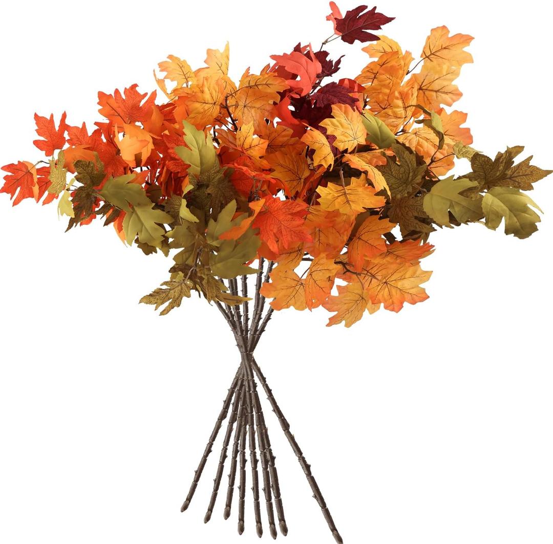 MISSPIN Artificial Fall Maple Leaves Stems, 8 PCS Fall Decorations for Indoor Outdoor Halloween Thanksgiving Farmhouse Arrangement Decorations for Front Door Wedding Centerpieces in Autumn