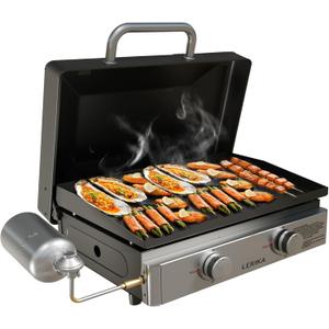 LERIKA 23" Tabletop Propane Gas Grilddle With Lid for Outdoor Kitchen Barbecue Grill, Non Stick Enamel/Durable Stainless Steel/1 Burner Portable Flat Top Grills