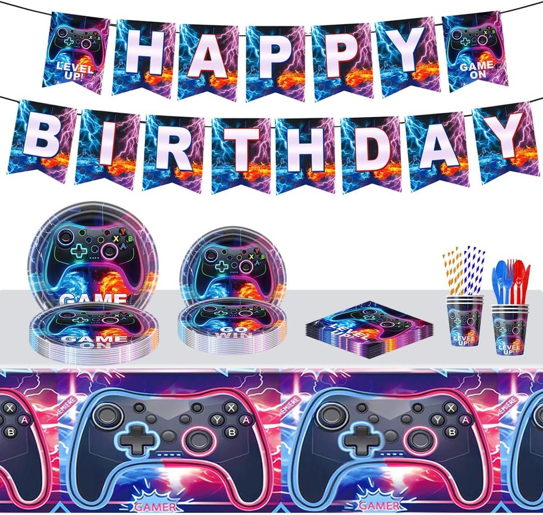 Video Game Machine Party Tableware Set Gaming Theme Decoration Birthday Party Supplies Including Gaming Theme Plates,Tableware,Cups,Paper Towels,Straw,Banners,Tablecloths Etc.