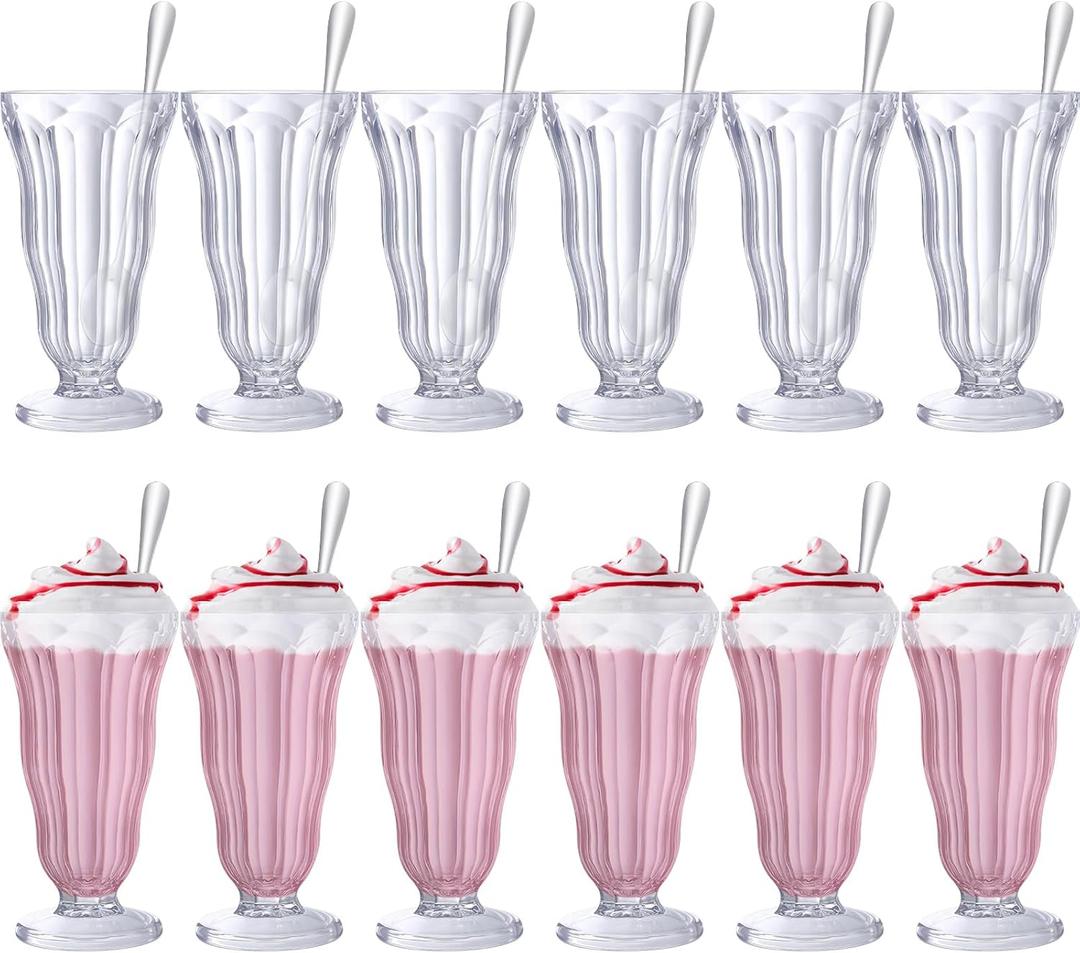 Maxcheck 12 Set Milkshake Glass 17 oz Sundae Glasses with Stainless Steel Spoons Old Fashioned Clear Soda Milkshake Cups Plastic Ice Cream Float Cups for Juice Tropical Drinks Party