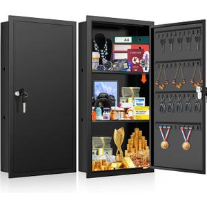 25.6" Tall Wall Safes Between the Studs, Lockable Hidden Safe Box with Hooks for Keys Jewellery, In Wall Safe for Money Medicines Valuables, Black