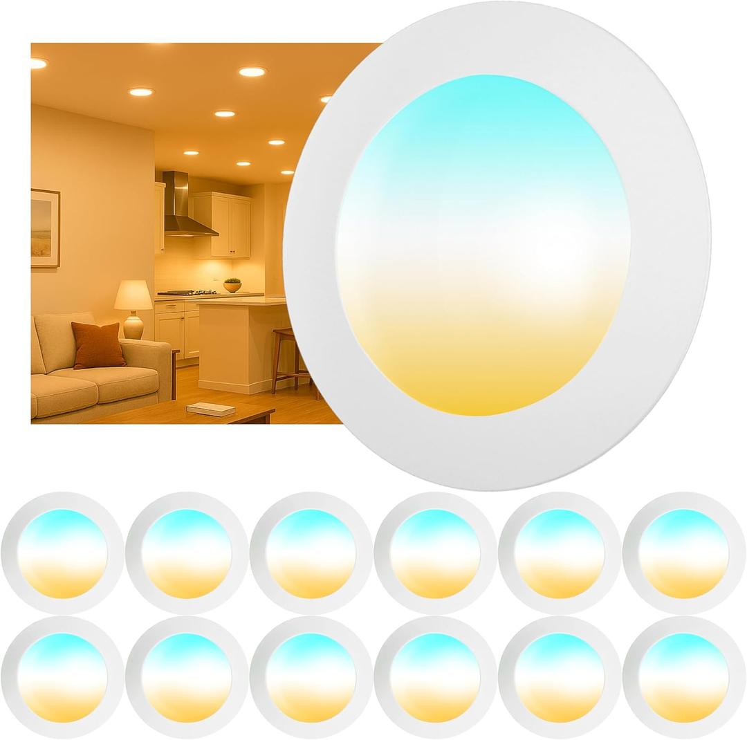 12 Pack 6 Inch LED Disk Lights, Dimmable Flush Mount Ceiling Disc Lights, 2700K/3000K/3500K/4000K/5000K 5CCT Selectable, 14.8W, 1150LM, UL/FCC/Energy Star, Installs with J-Box or Recessed Can