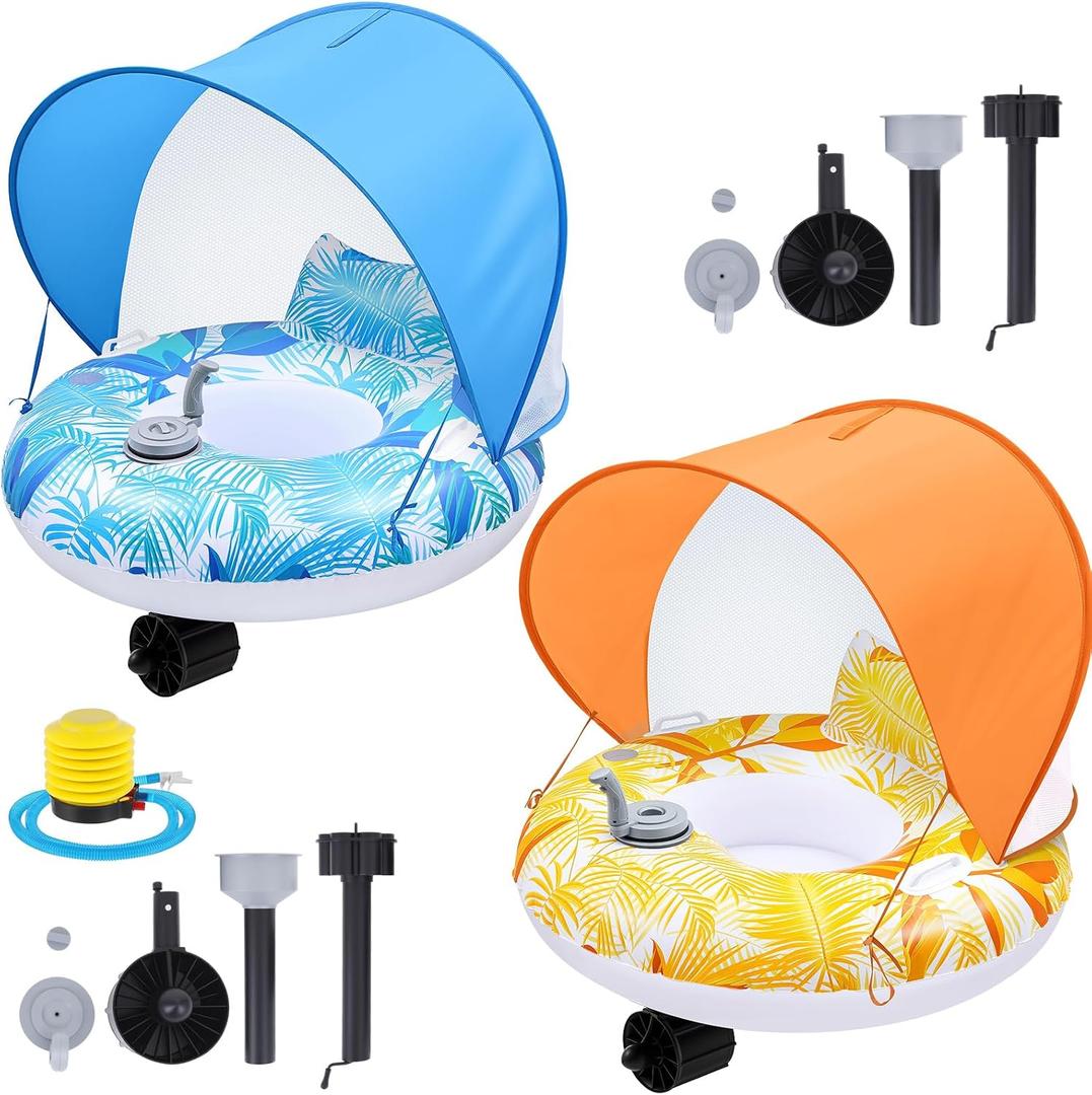 2Sets Motorized Pool Float for Adults, Electric Inflatable Pool Lounger with Canopy, Float Chair Tube with Pusher Handles, Cup holder, Foot Pump for Summer Swimming Party Beach Water Lake(Blue Yellow), 47.24 x 47.24"