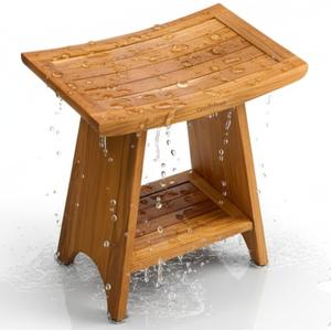 Premium 18" Teak Wood Shower Bench with Shelf, 2-Tier Waterproof Teak Shower Stool, Non-Slip Feet for Enhanced Safety, Spa Bath Seat for Bathroom, Indoor & Outdoor, 300 lb Capacity (Curved)