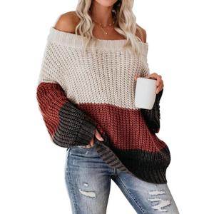 VIMPUNEC Womens Oversized Sweater Color Block Off The Shoulder Pullover Sweaters Cable Knit Chunky Striped Tops (Medium)