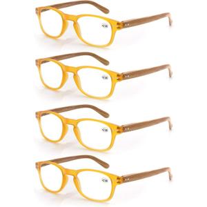 MODFANS 4 Pack Reading Glasses 1.75 Fashion Wood-Look Spring Hinges Stylish Readers Men Women Yellow