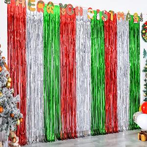 LOLStar 5 Pack Christmas Foil Fringe Curtains Decoration 3.3 X 6.6 ft Red Silver Green Tinsel Fringe Photo Backdrop Streamer for New Year, Ugly Sweater Party