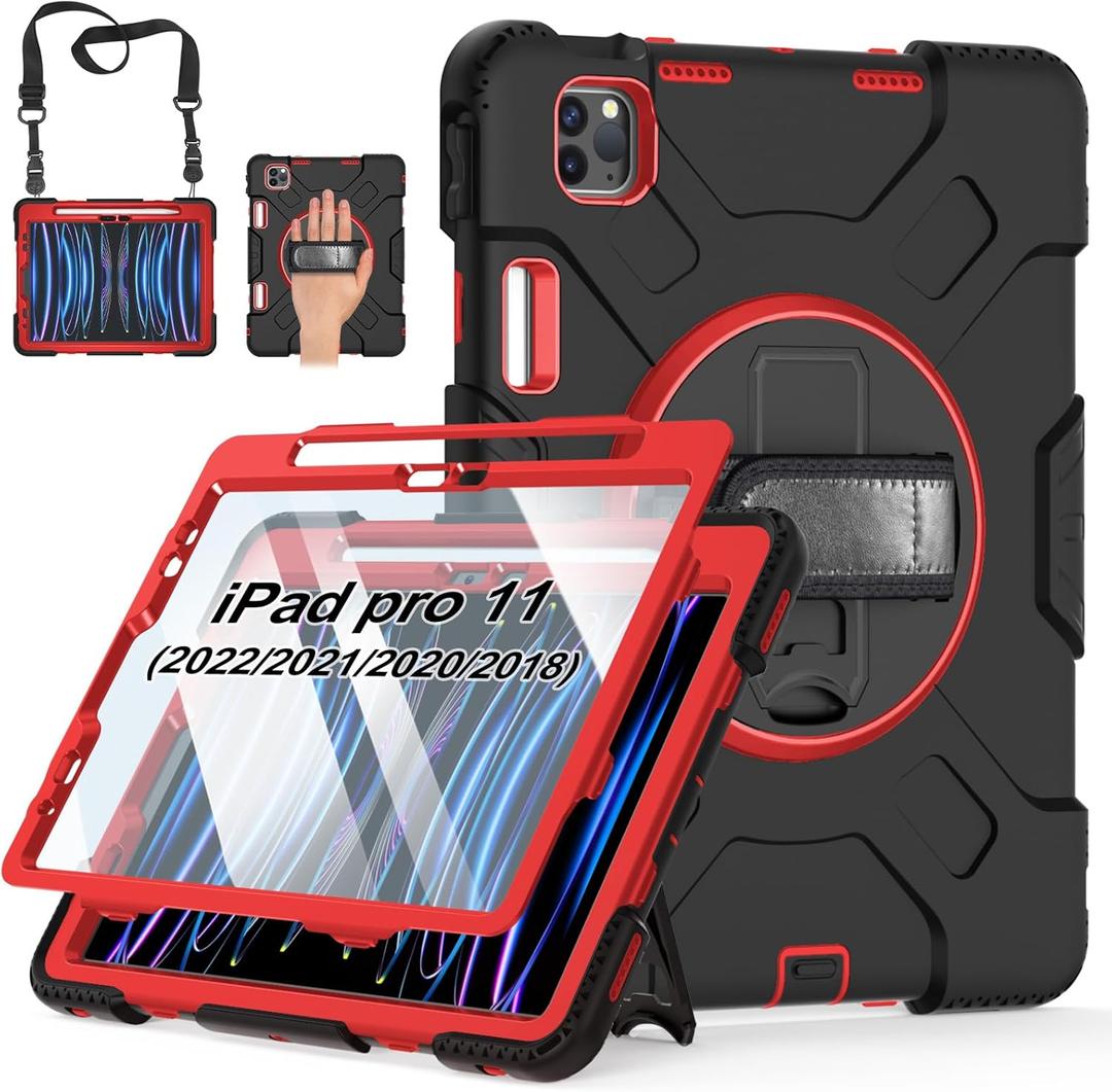 Case for iPad Pro 11 Inch (2022/2021/ 2020/2018): Silicone Cover for iPad 11 (4th/ 3rd/ 2nd/ 1st) Generation with Screen Protector- Stand- Handle- Shoulder Strap- Pencil Holder- Red