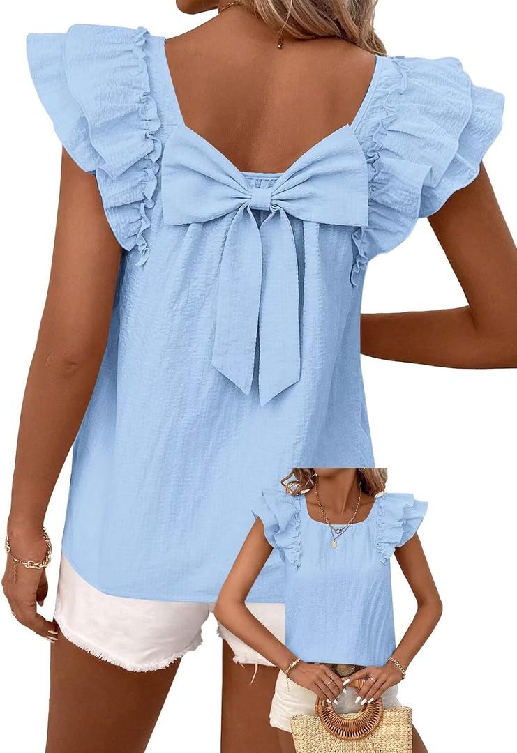 Falechay Womens Tops Cute Going Out Round Neck Shirt 2025 Summer Trendy Women Blouse Babydoll Short Sleeve Bow Tie Top Puffed Hem Basic Tee Casual Ruffle Butterfly Sleeves Loose Fit Light Blue Tunic S