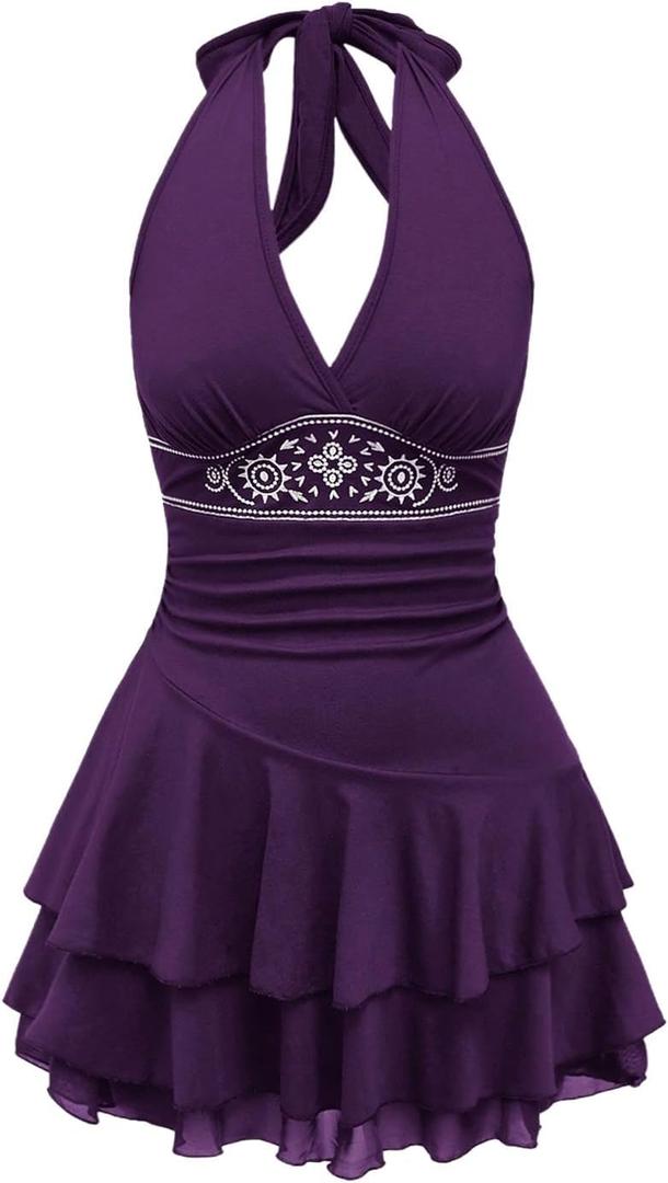 SOLY HUX Women's Summer Halter Backless Mini Dress Flowy Sleeveless V Neck Tie Back A Line Western Casual Sun Dresses Purple Printed X-Large