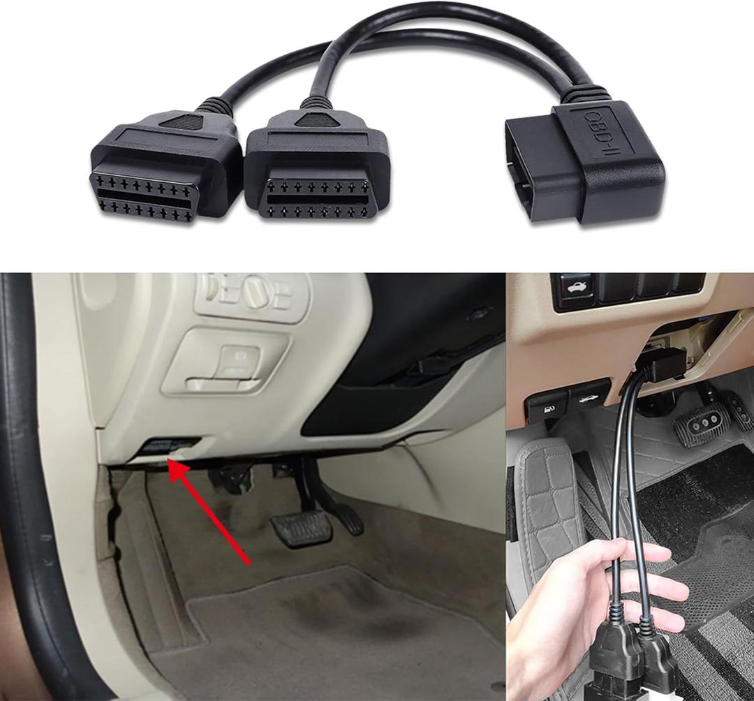OBD Splitter Adapter, Right Angle 30cm/12 OBD II Splitter Extension Cable Male to Dual Female Y Cable, 16 Pin Cable Male to Dual Female Cord Adapter