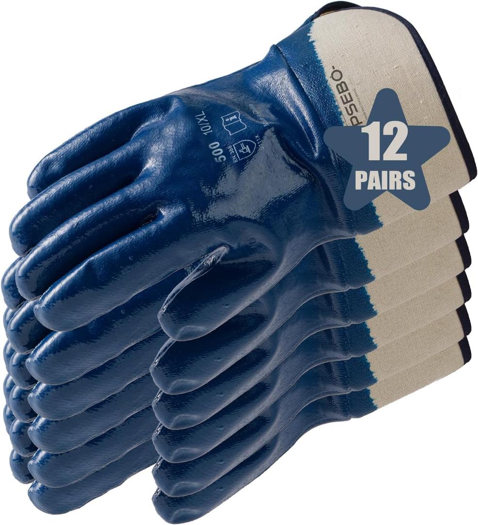 12 Pairs Nitrile Coated Safety Work Gloves, Fuel Gloves for Oil Hauler Blue Chemical & Water Resistant Gloves (Blue)